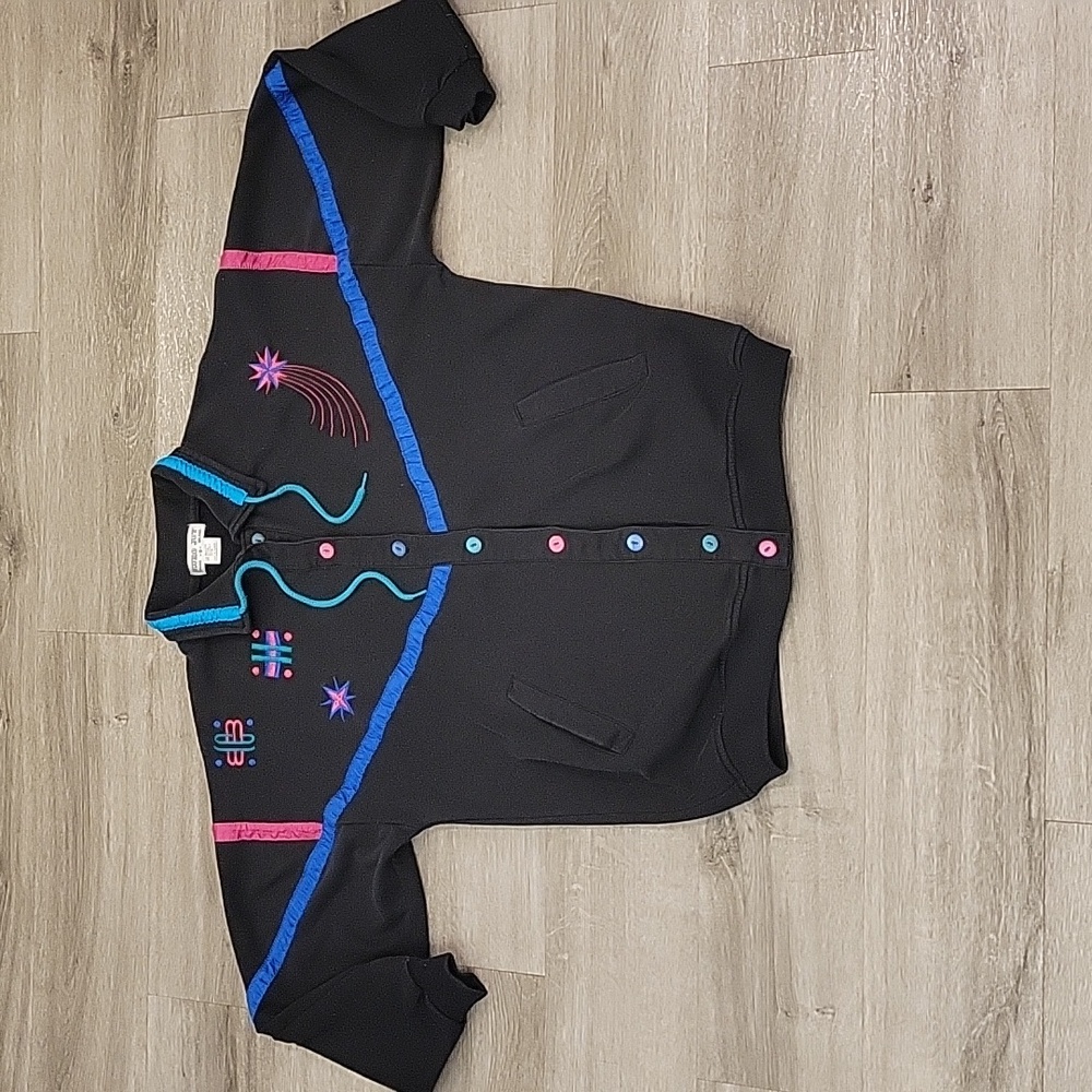 Euro Joy Vintage Black Sweater W/ Vibrant Embroidered Design Paris Milano Size S